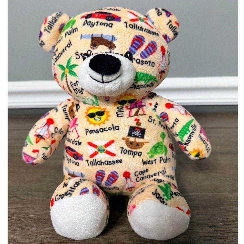 Plushology Florida Souvenir Teddy Bear Cities‎ Landmarks All Over Print Plush
